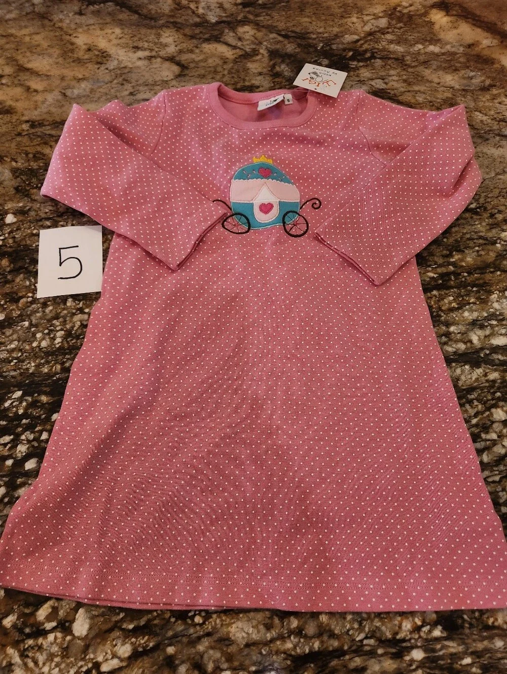 Girls' Pink Polka Dot Dress with Carriage Applique